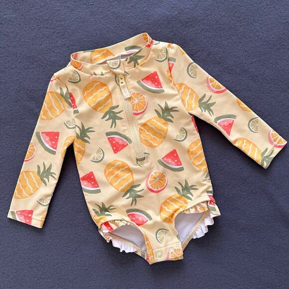 CARTER'S Baby Girls Yellow Long Sleeve Fruit Printed Rash Guard Swim Suit 6M - Picture 2 of 9